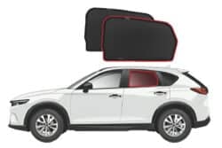 Illustration of a Mazda CX-5 2nd Generation with Snap Shades rear window sunshades, shown alongside the custom-fit shade panels.