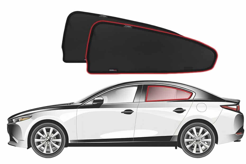 Mazda 3 3rd Generation sedan with Snap Shades installed on the rear windows, featuring a custom-fit sunshade design for optimal UV protection.