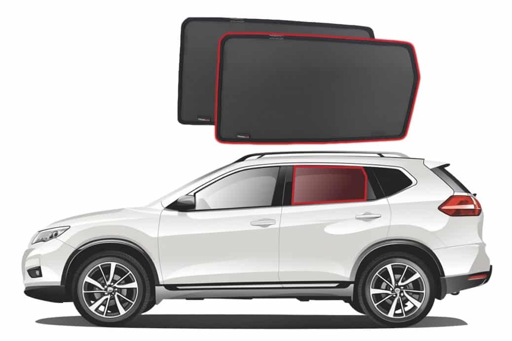 Side view illustration of a Nissan X-Trail 3rd Generation with Snap Shades rear window sunshades shown above the vehicle.