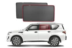 Side profile of a Nissan Patrol with Snap Shades rear door window sunshades installed, shown with product detail images.