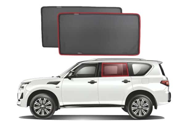 Side profile of a Nissan Patrol with Snap Shades rear door window sunshades installed, shown with product detail images.