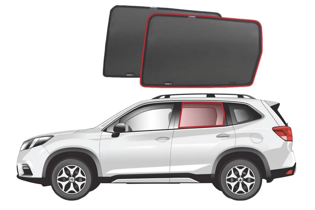 Illustration of a Subaru Forester 5th generation with Snap Shades installed on the rear door windows, showcasing custom-fit car window shades.