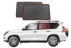 Illustration of a Toyota LandCruiser Prado 150 Series SUV featuring Snap Shades for the rear door windows, highlighted in red for a precise fit.