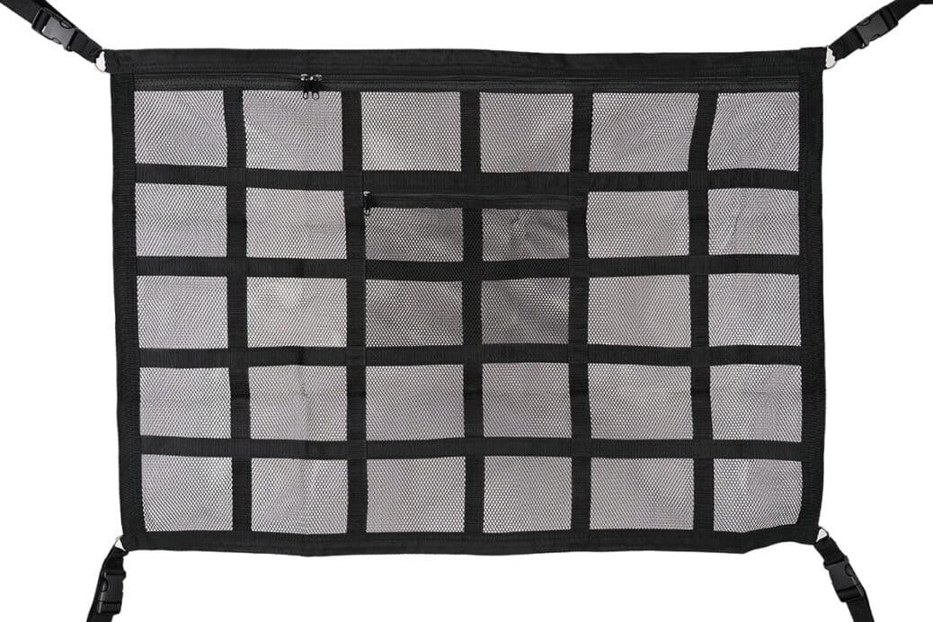 Roof cargo net zip pocket storing jackets and blankets"