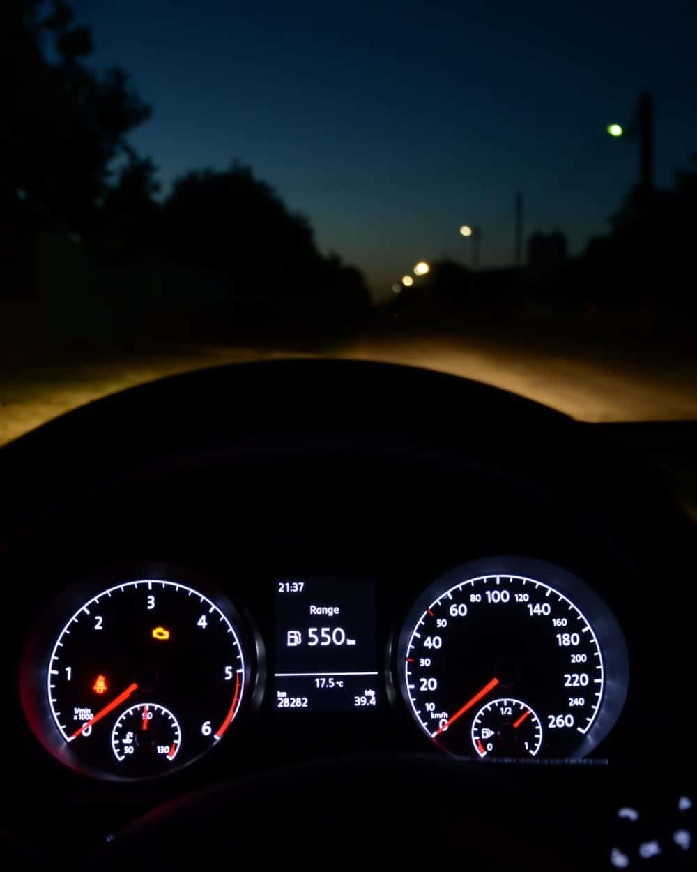 Driving at night with oncoming headlights