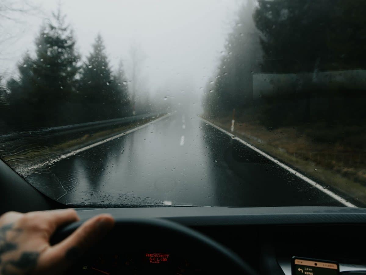 Wet road through the windscreen